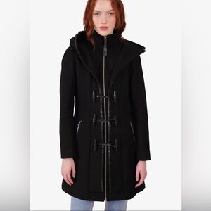 Mackage Steffy Wool Black Hooded Leather Trim Full Zip Trench Coat Aritzia